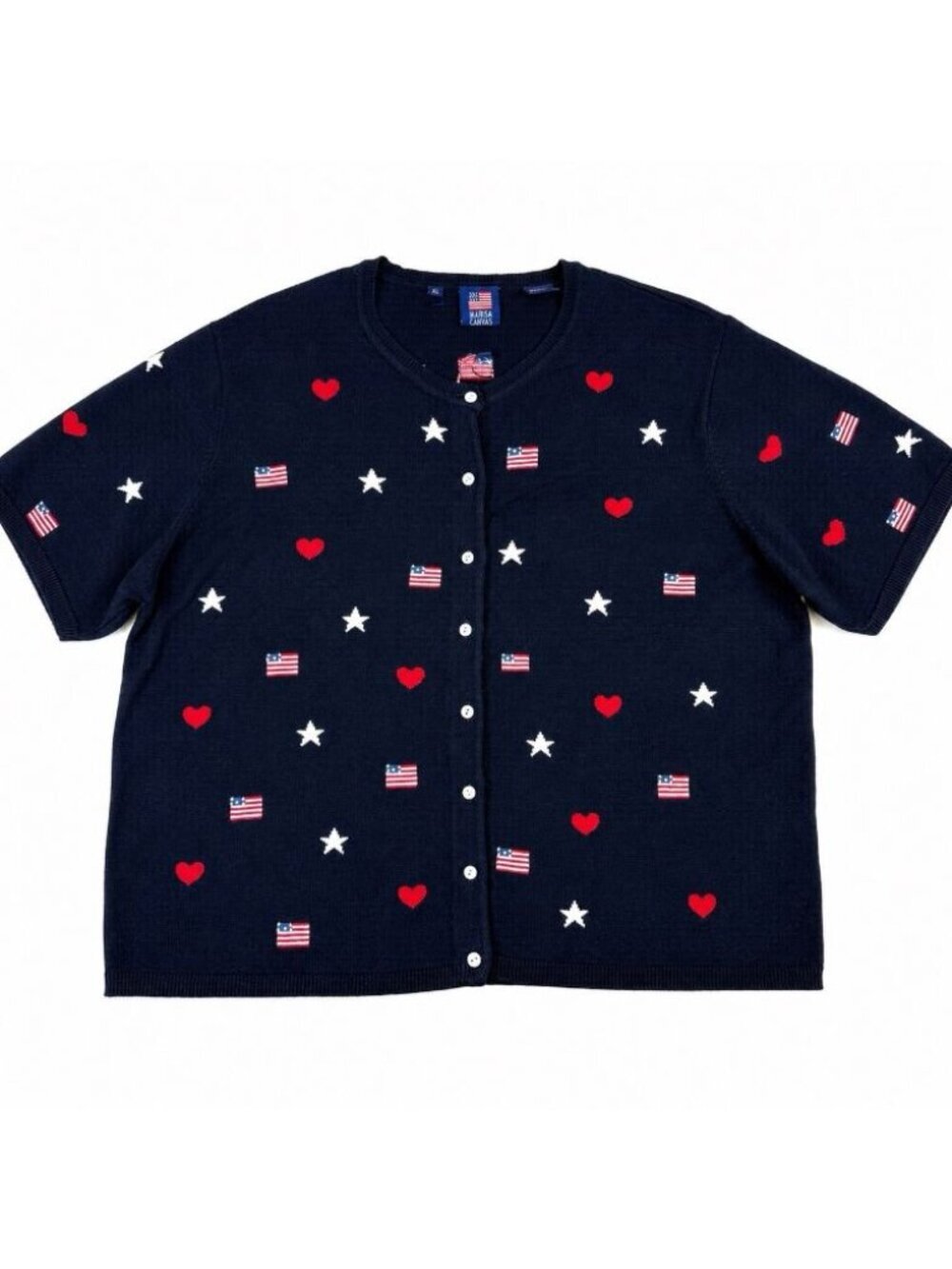 Marisa Canvas Patriotic Cardigan Size XL Short Sleeve Flag Heart Design Vintage